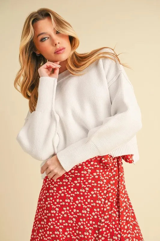 Aemi+Co Ribbed Hem Exposed Seam Round Neck Sweater