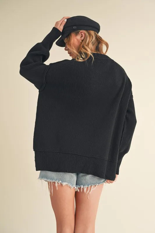 Aemi+Co Ribbed Hem Side Slit Round Neck Sweater