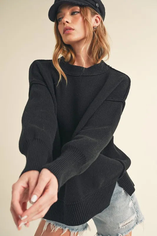 Aemi+Co Ribbed Hem Side Slit Round Neck Sweater