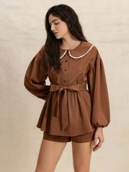 Alice, Peter Pan Collar Balloon Sleeve Top and Shorts Set
