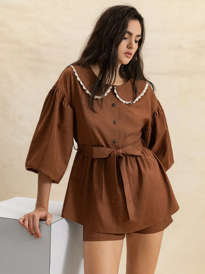 Alice, Peter Pan Collar Balloon Sleeve Top and Shorts Set