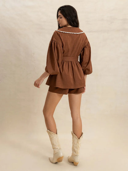 Alice, Peter Pan Collar Balloon Sleeve Top and Shorts Set