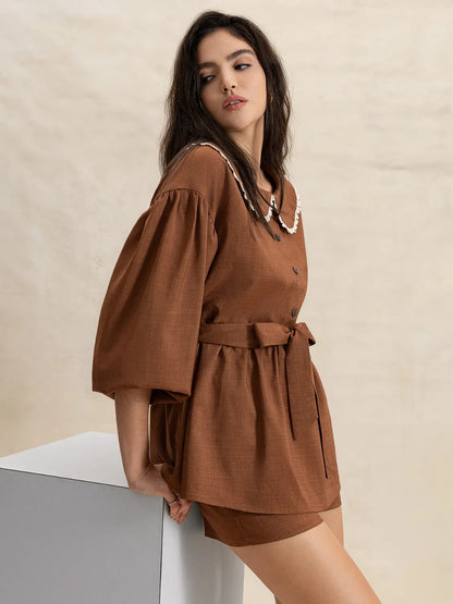 Alice, Peter Pan Collar Balloon Sleeve Top and Shorts Set