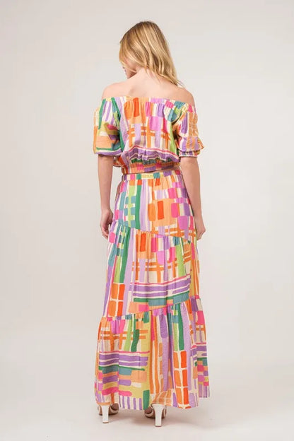 And The Why Asymmetric Geo Printed Tiered Maxi Skirt
