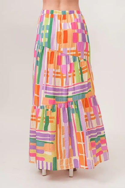 And The Why Asymmetric Geo Printed Tiered Maxi Skirt