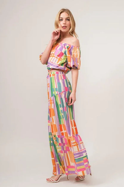 And The Why Asymmetric Geo Printed Tiered Maxi Skirt