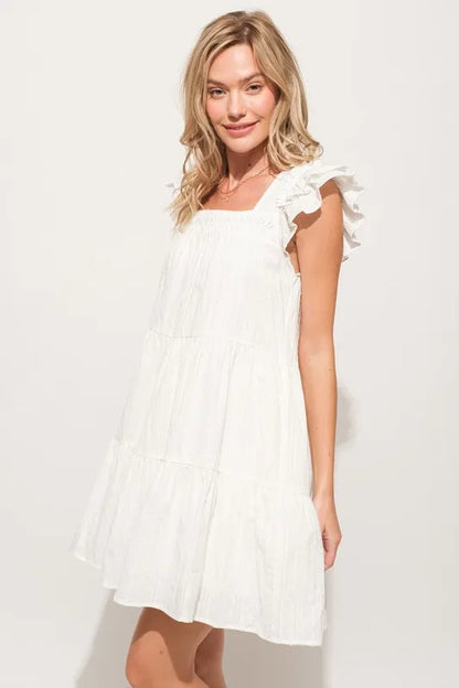 And The Why Origami Pleating Ruffled Sleeve Tiered Dress