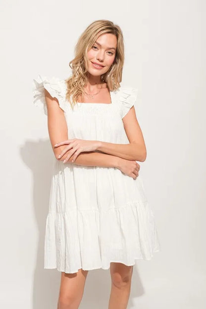 And The Why Origami Pleating Ruffled Sleeve Tiered Dress