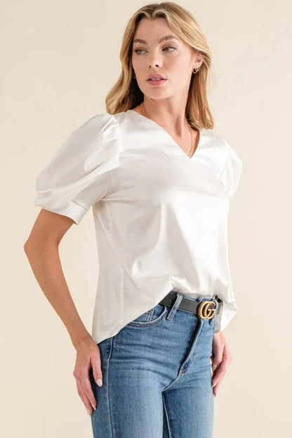 And The Why Plain Satin Puff Shirring V Neck Blouse Top