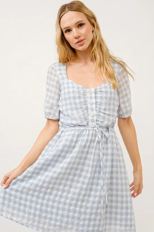 And The Why Puff Sleeve Ruched Button Front Gingham Dress