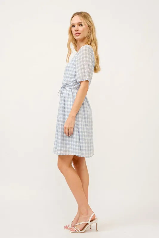 And The Why Puff Sleeve Ruched Button Front Gingham Dress