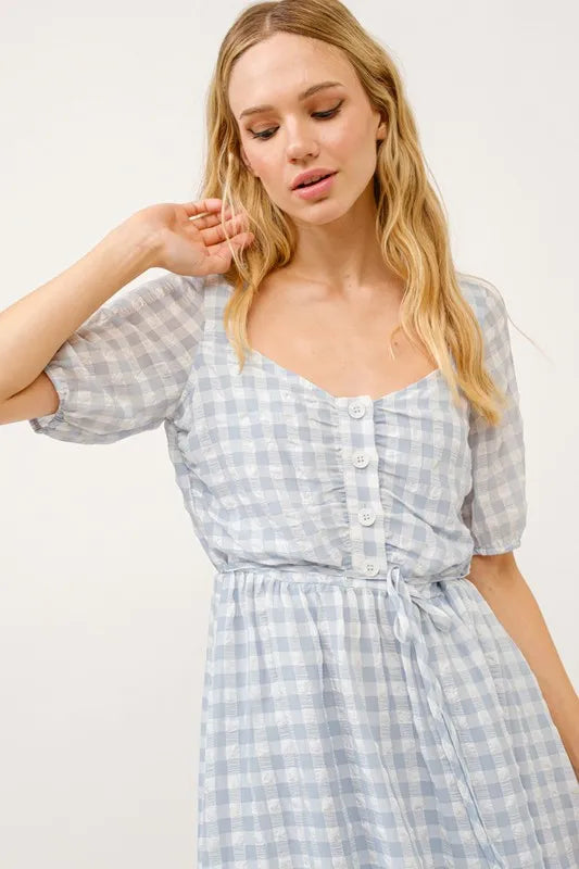 And The Why Puff Sleeve Ruched Button Front Gingham Dress