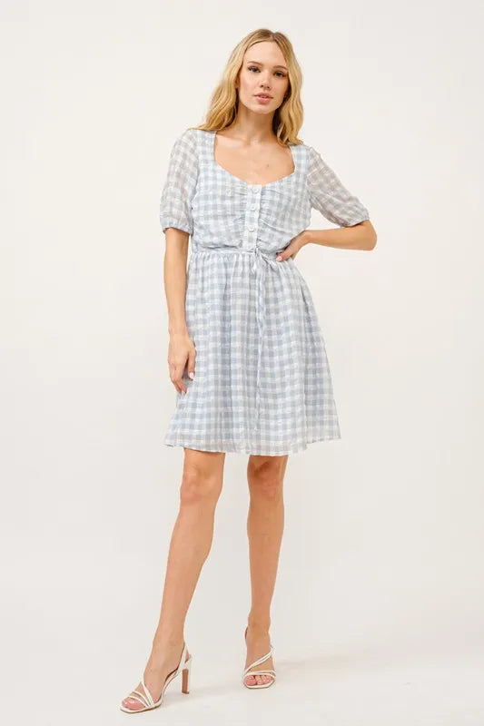And The Why Puff Sleeve Ruched Button Front Gingham Dress