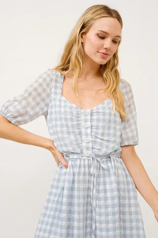 And The Why Puff Sleeve Ruched Button Front Gingham Dress