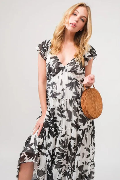 And The Why Ruffled Sleeve Tiered Floral Print Maxi Dress