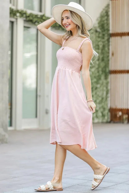 And The Why Smocking Open-Back Sleeveless Midi Dress