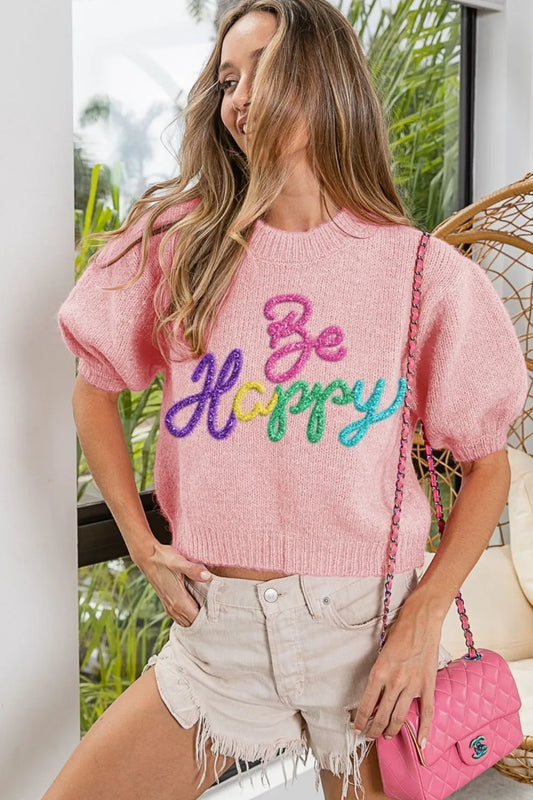 Be Happy T Shirt, BiBi Metallic Letter Short Puff Sleeve Sweater