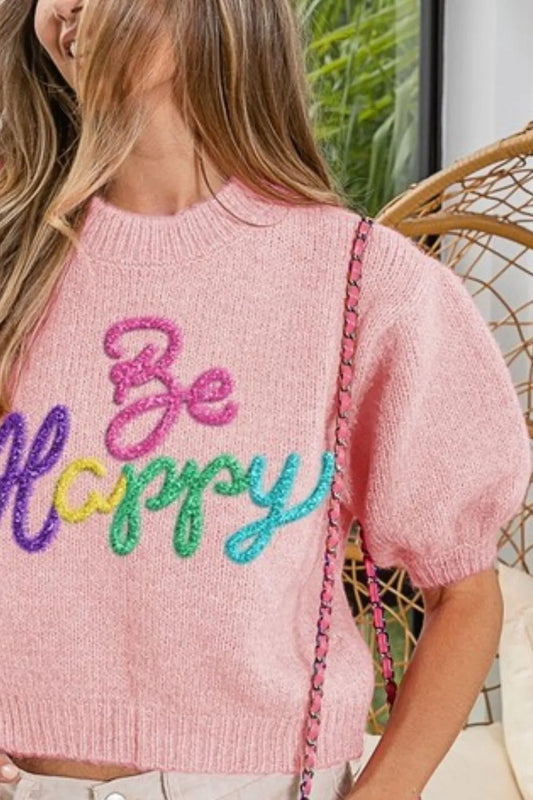 Be Happy T Shirt, BiBi Metallic Letter Short Puff Sleeve Sweater