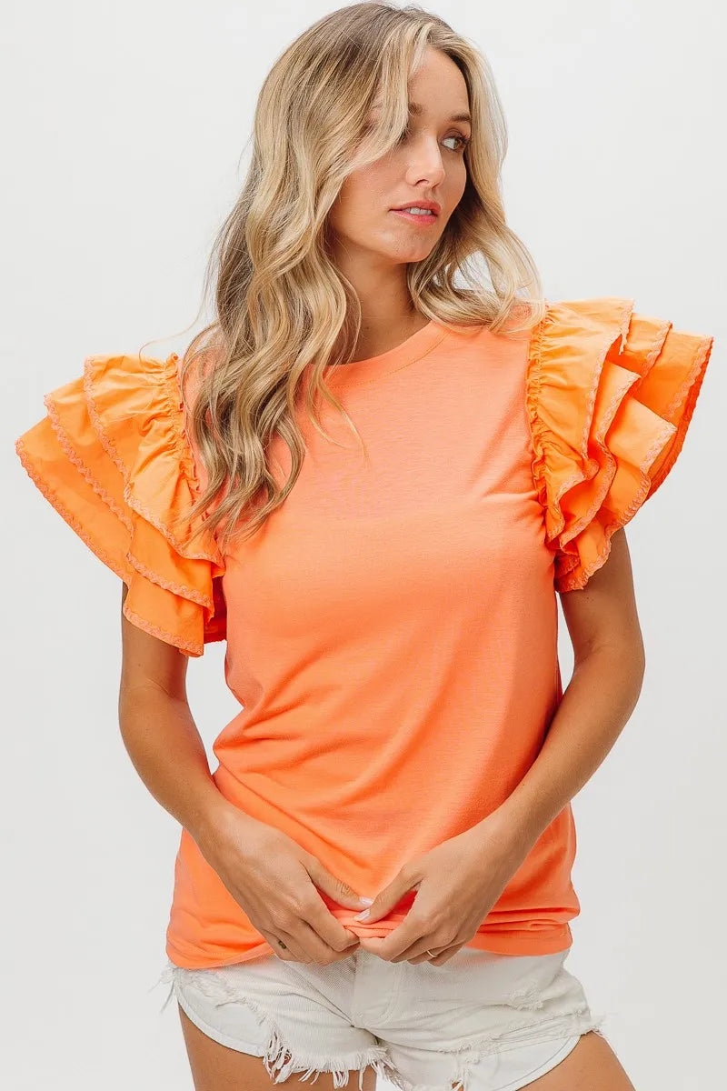 BiBi Knit Top Woven Ruffle Tiered Sleeves