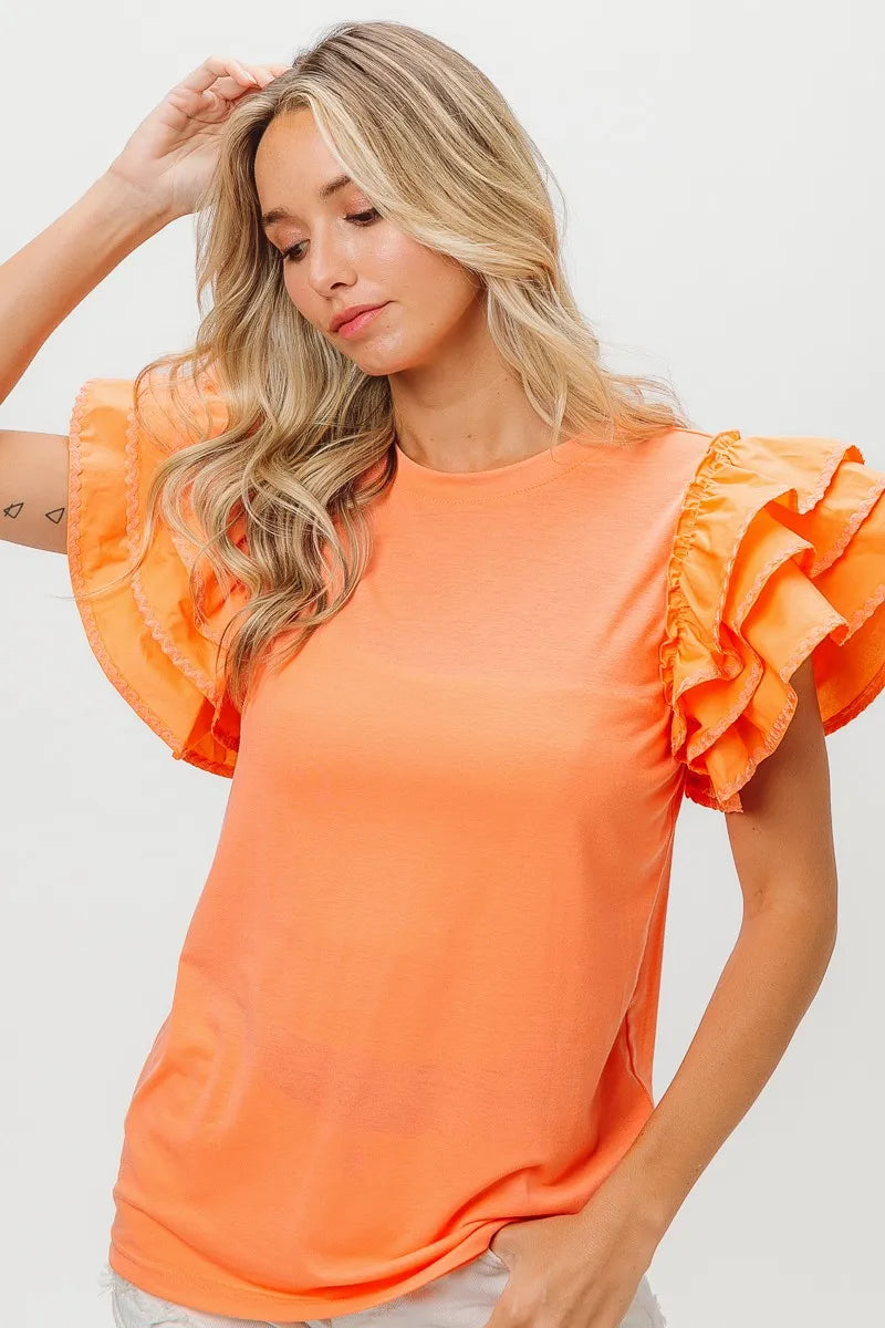 BiBi Knit Top Woven Ruffle Tiered Sleeves