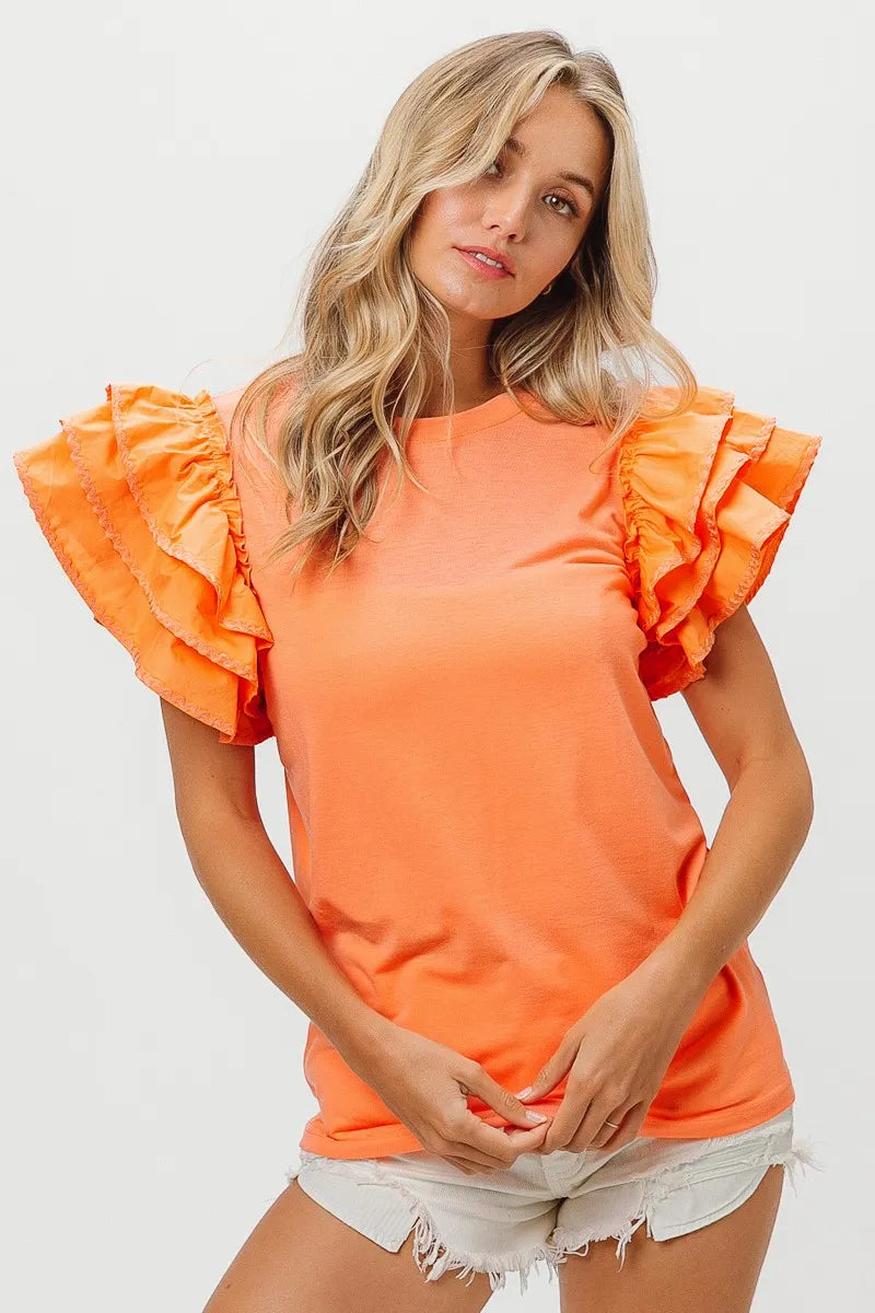BiBi Knit Top Woven Ruffle Tiered Sleeves