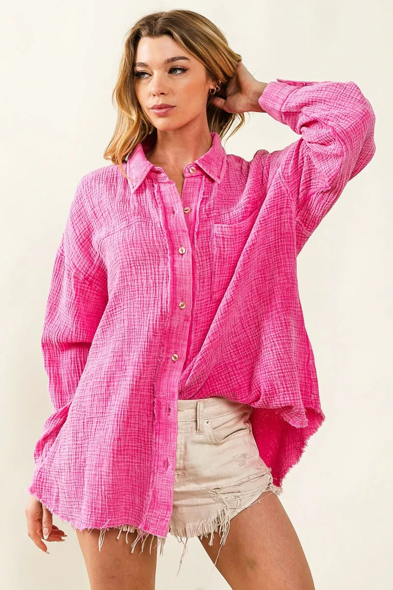 BiBi Raw Edge Detailed Mineral Washed Loose Fit Shirt