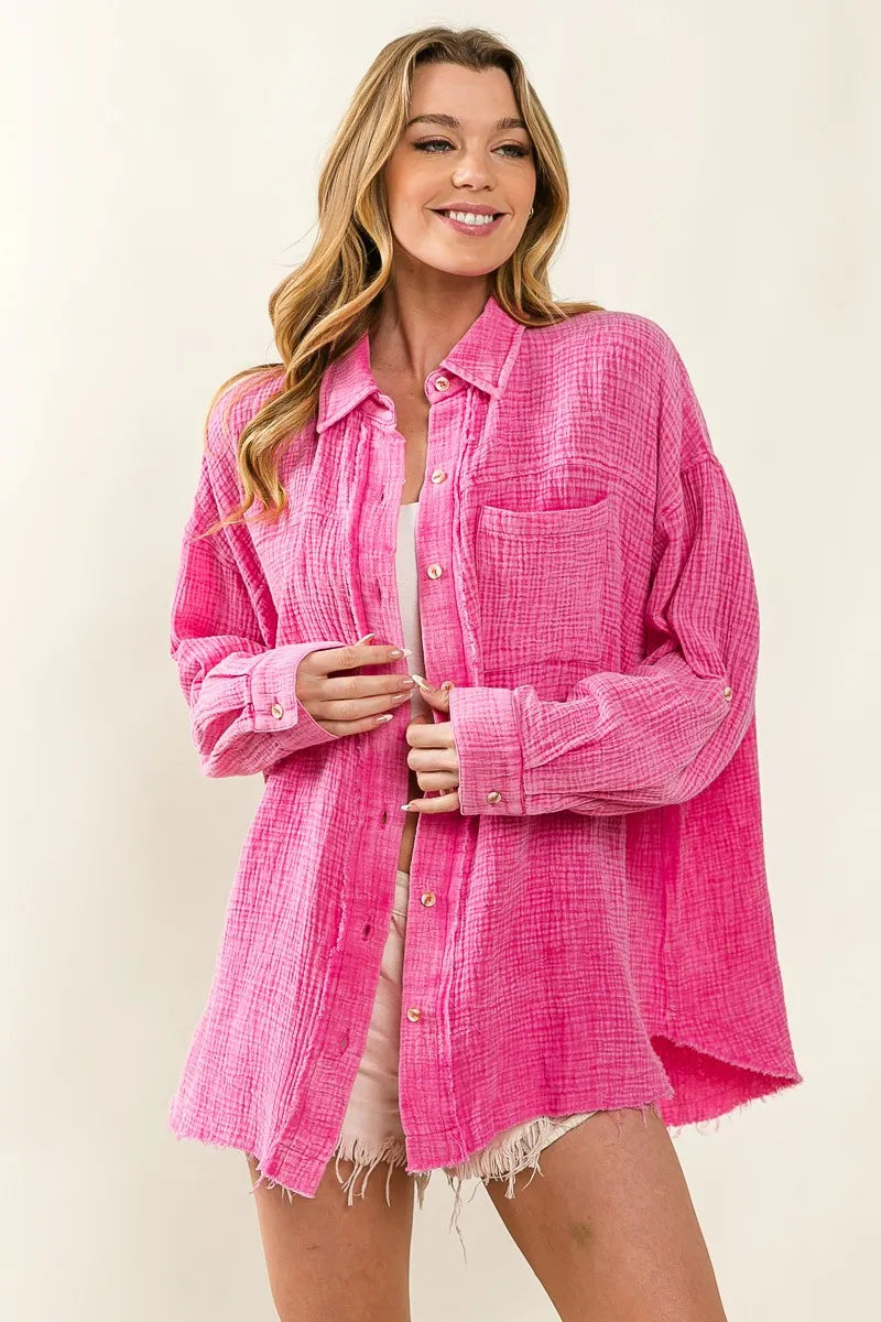 BiBi Raw Edge Detailed Mineral Washed Loose Fit Shirt