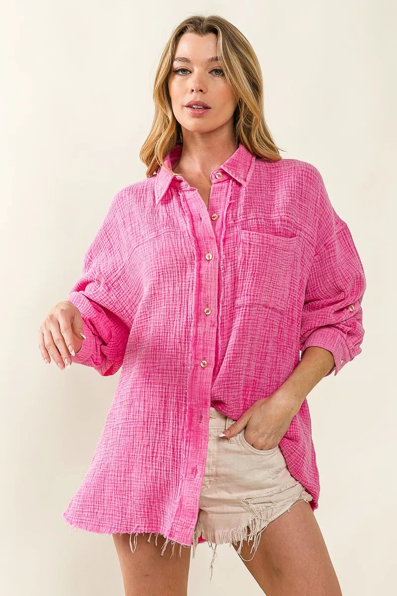 BiBi Raw Edge Detailed Mineral Washed Loose Fit Shirt