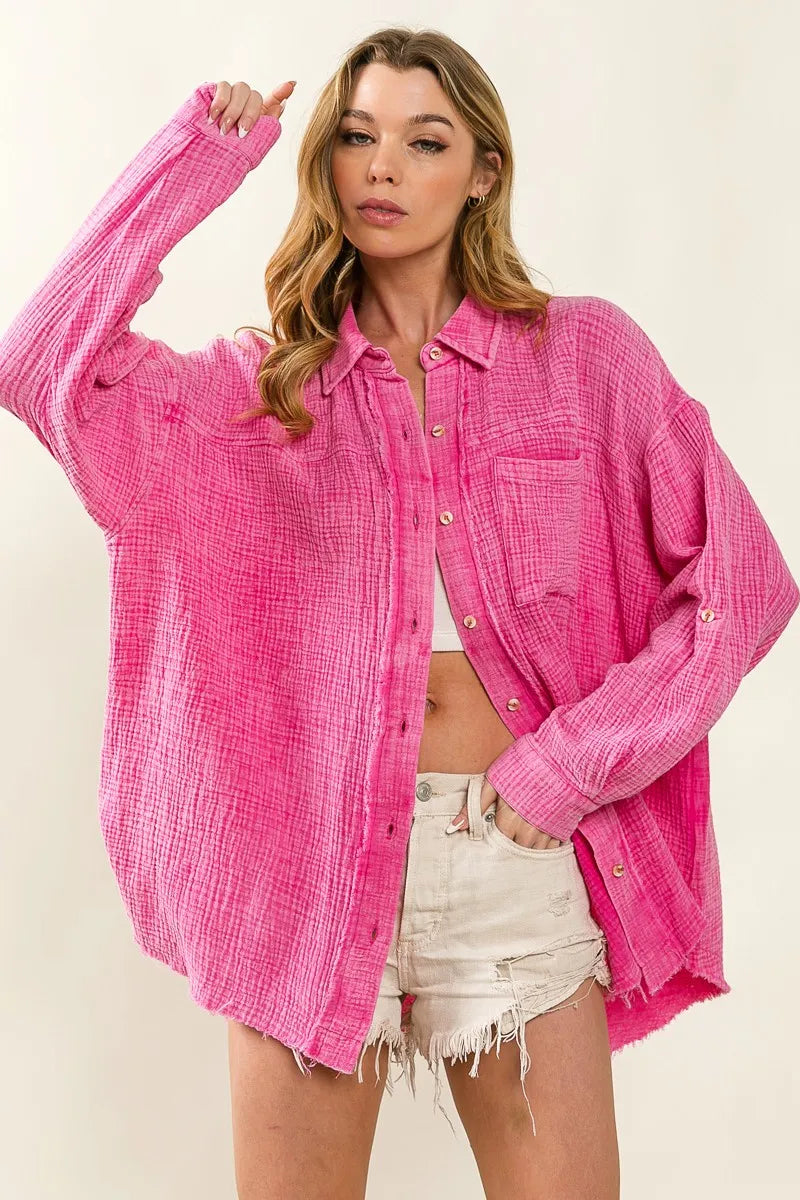 BiBi Raw Edge Detailed Mineral Washed Loose Fit Shirt