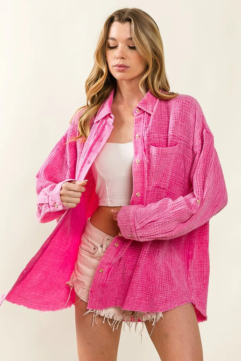 BiBi Raw Edge Detailed Mineral Washed Loose Fit Shirt