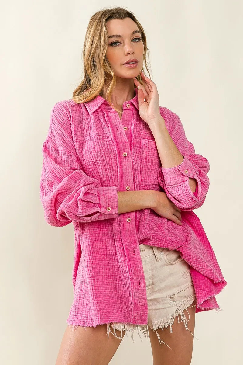BiBi Raw Edge Detailed Mineral Washed Loose Fit Shirt