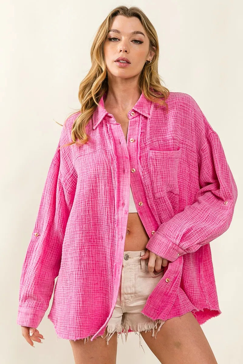 BiBi Raw Edge Detailed Mineral Washed Loose Fit Shirt