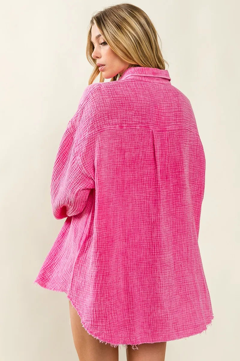 BiBi Raw Edge Detailed Mineral Washed Loose Fit Shirt