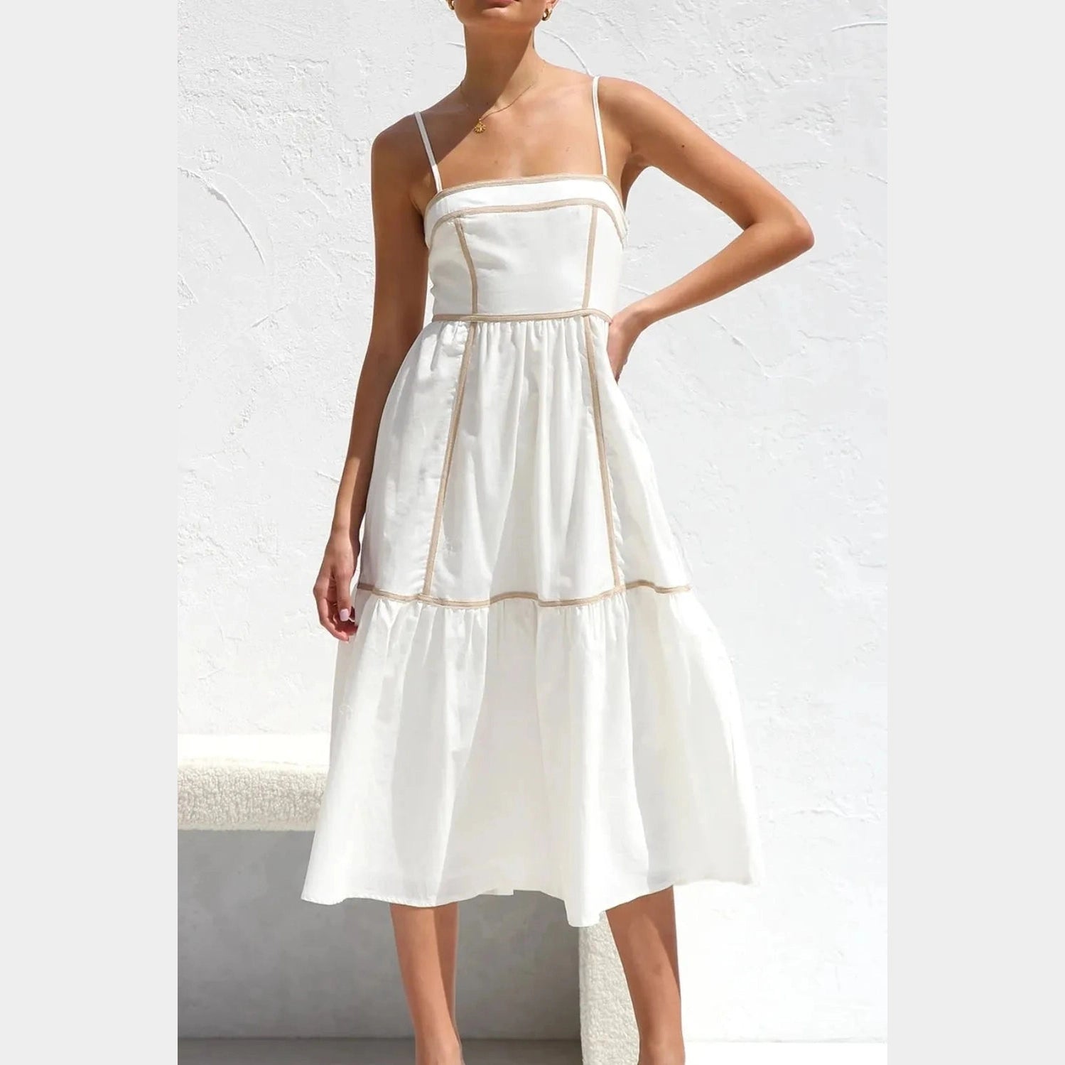 Contrast Trim Square Neck Midi Cami Dress