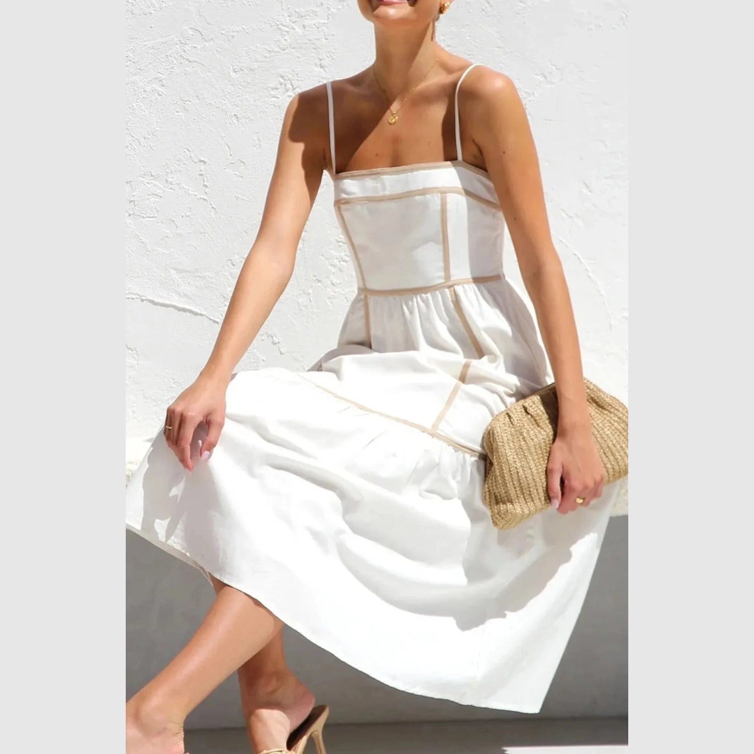 Contrast Trim Square Neck Midi Cami Dress