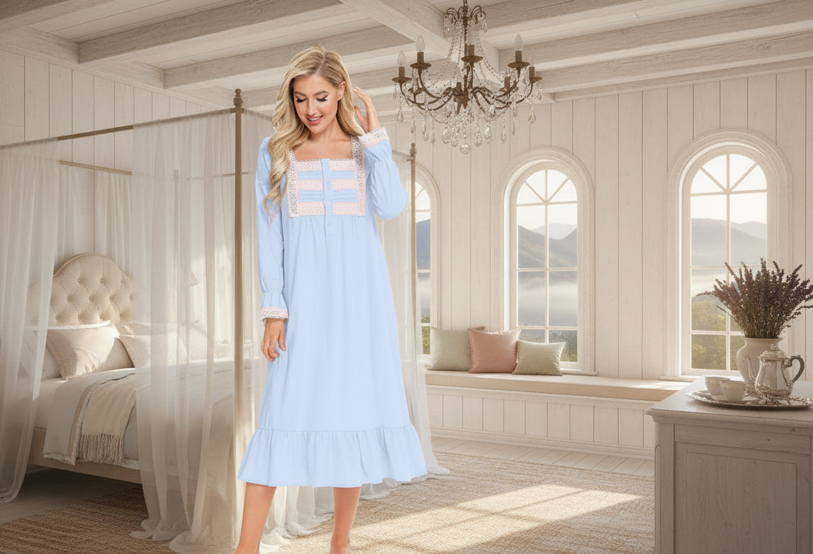 Lace Detail Square Neck Flounce Sleeve Night Dress