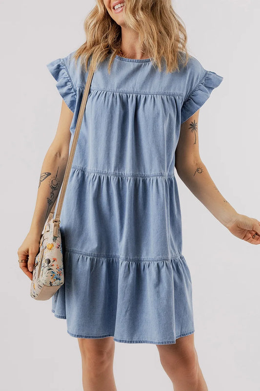 Cottagecore Jenny, Ruffle Cap Sleeve Tiered A-line Denim Dress