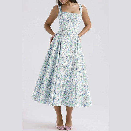 Floral Square Neck Wide Strap Midi Dress