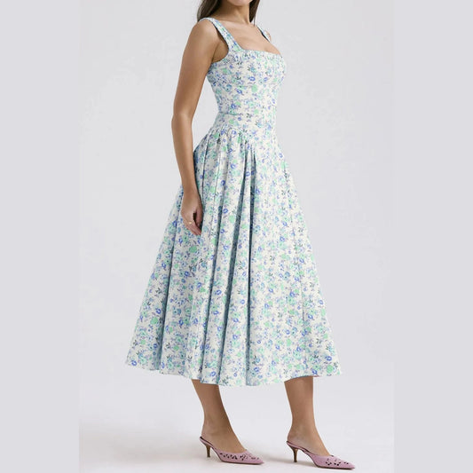 Floral Square Neck Wide Strap Midi Dress