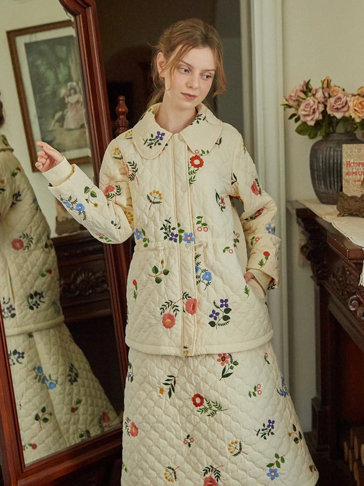 Sweet Jane Embroidery Cotton Padded Coat Skirt set