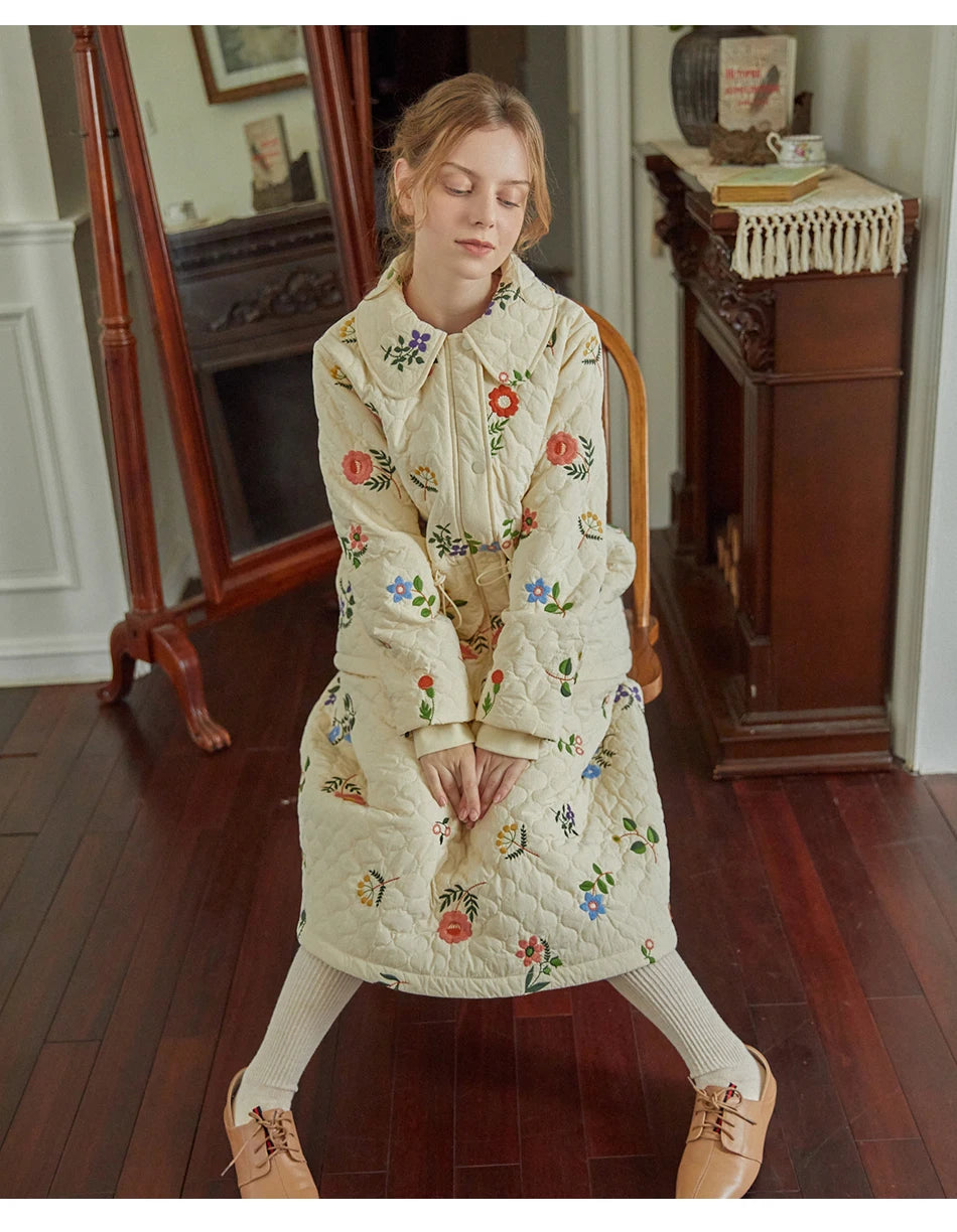 Sweet Jane Embroidery Cotton Padded Coat Skirt set