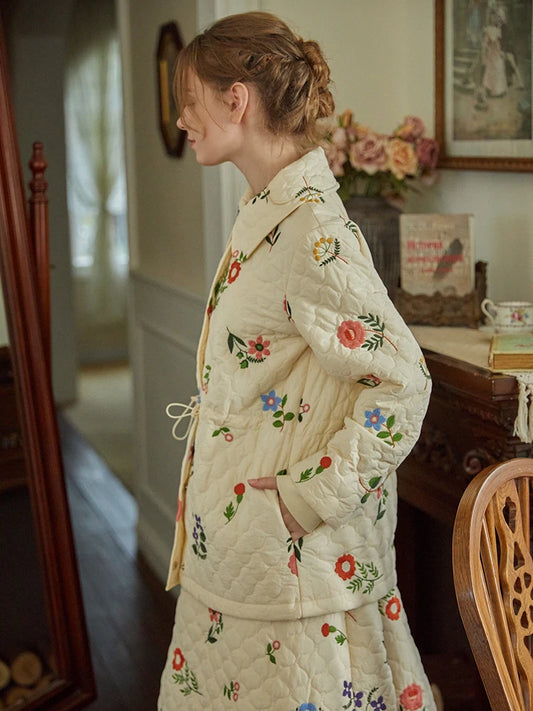 Sweet Jane Embroidery Cotton Padded Coat Skirt set