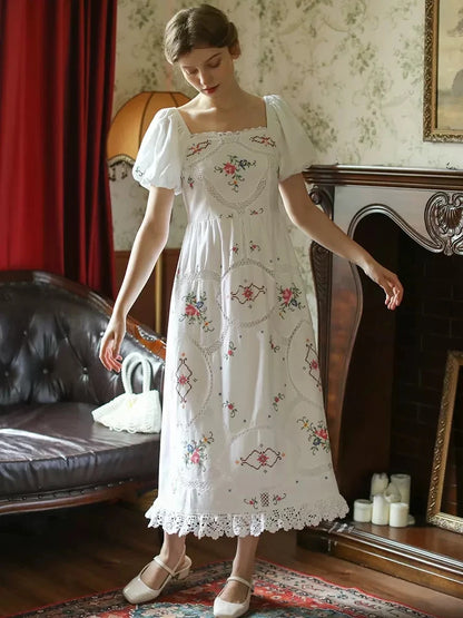 Heirloom Genevieve, French Vintage Handmade Embroidered White Cotton Dress