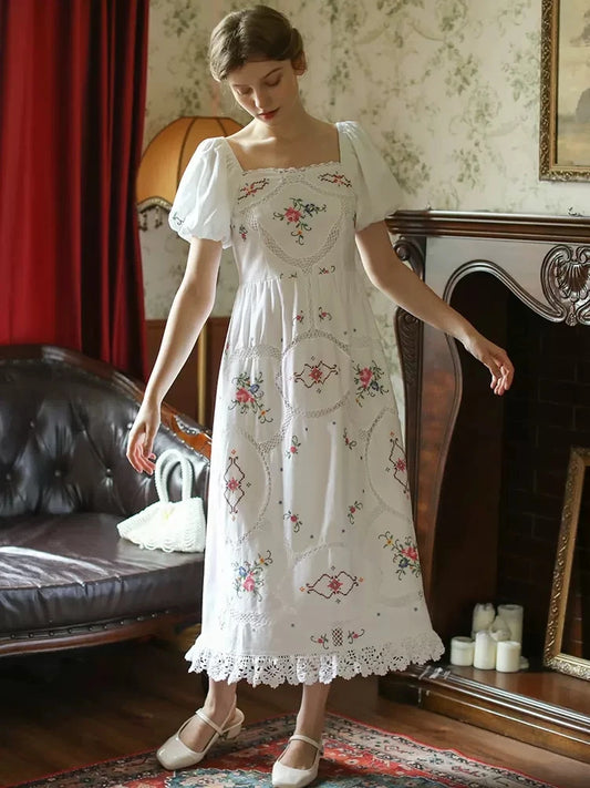 Heirloom Genevieve, French Vintage Handmade Embroidered White Cotton Dress