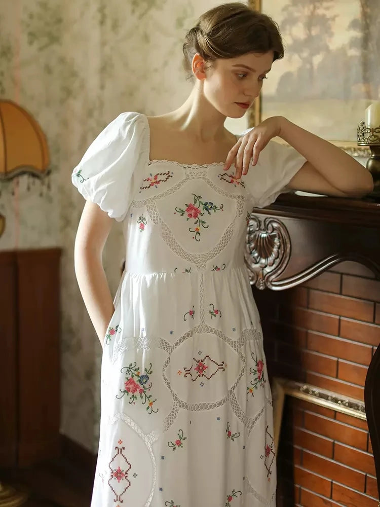 Heirloom Genevieve, French Vintage Handmade Embroidered White Cotton Dress