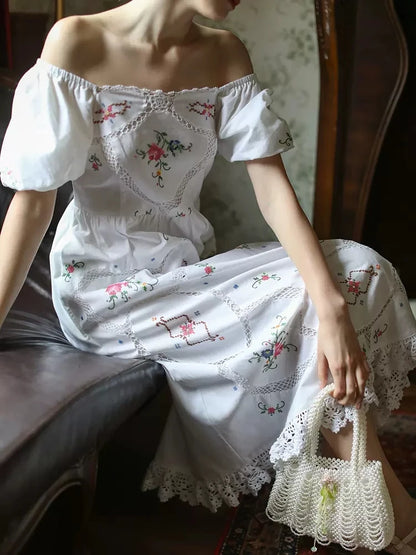 Heirloom Genevieve, French Vintage Handmade Embroidered White Cotton Dress