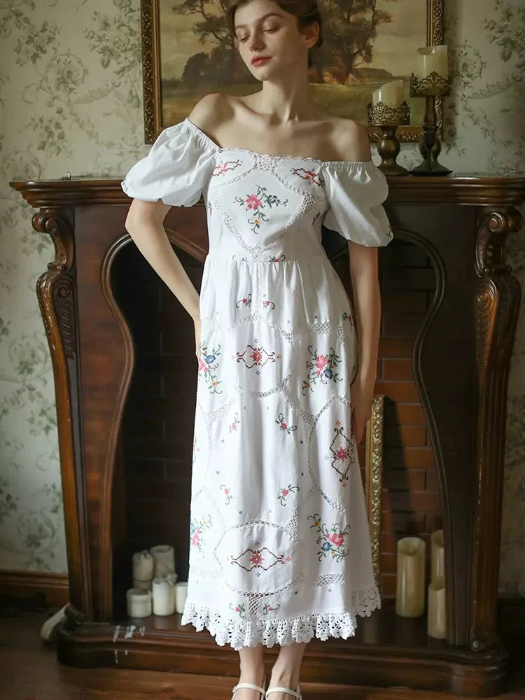 Heirloom Genevieve, French Vintage Handmade Embroidered White Cotton Dress