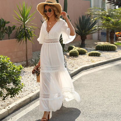 Summer White Maxi Dress for Women 2025 Lace Bohemian V-neck Solid Ruffles Beach Cover Up Wedding Party Vestidos