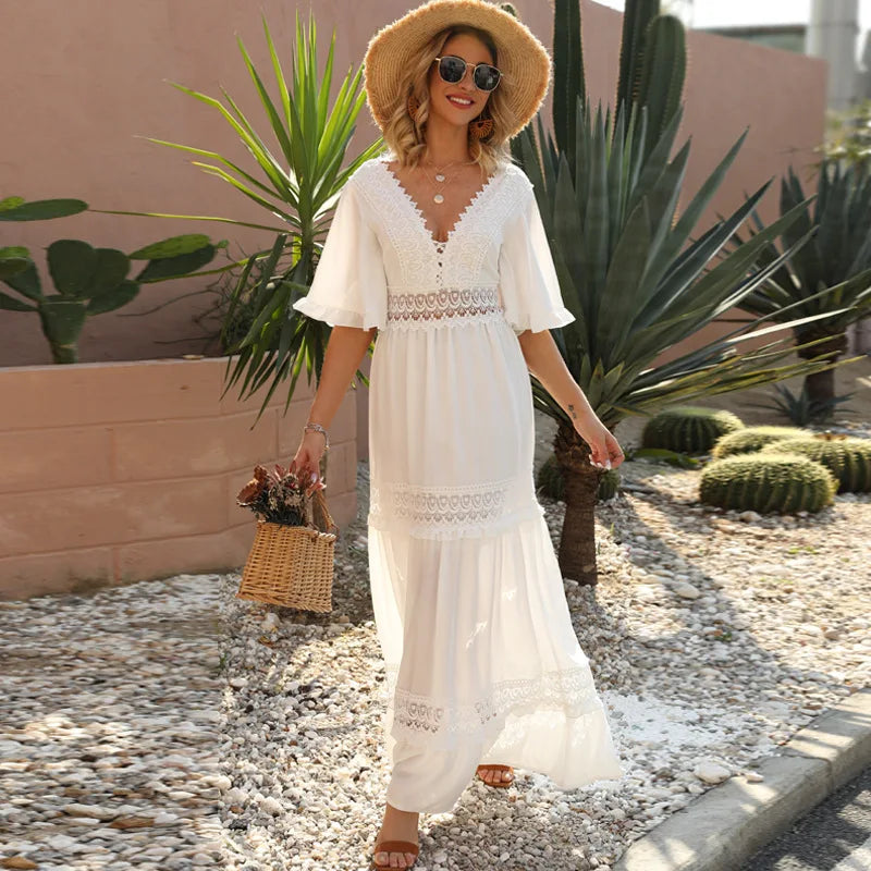 Summer White Maxi Dress for Women 2025 Lace Bohemian V-neck Solid Ruffles Beach Cover Up Wedding Party Vestidos