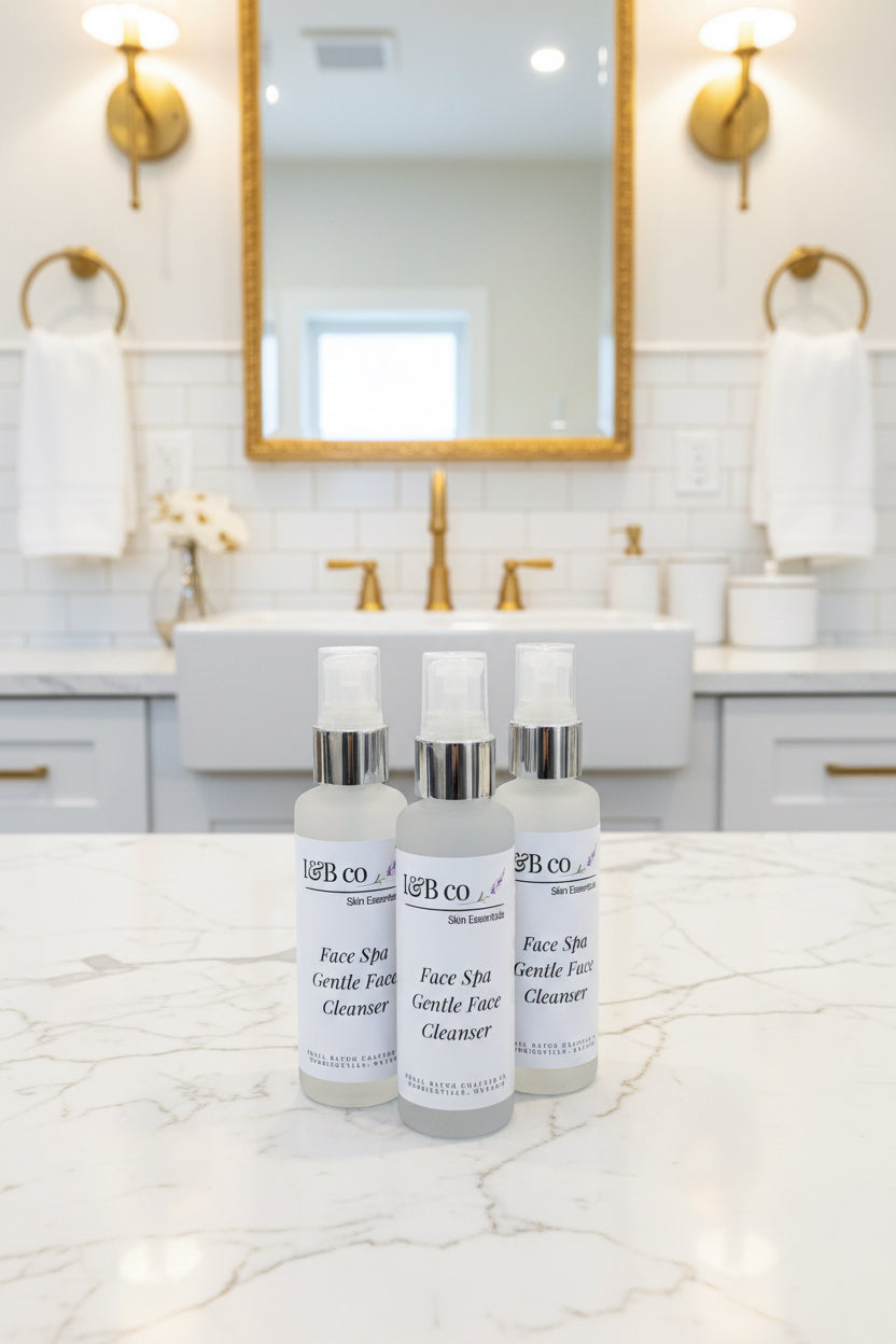 Three bottles of L&B co Gentle Face Cleanser on a light surface.